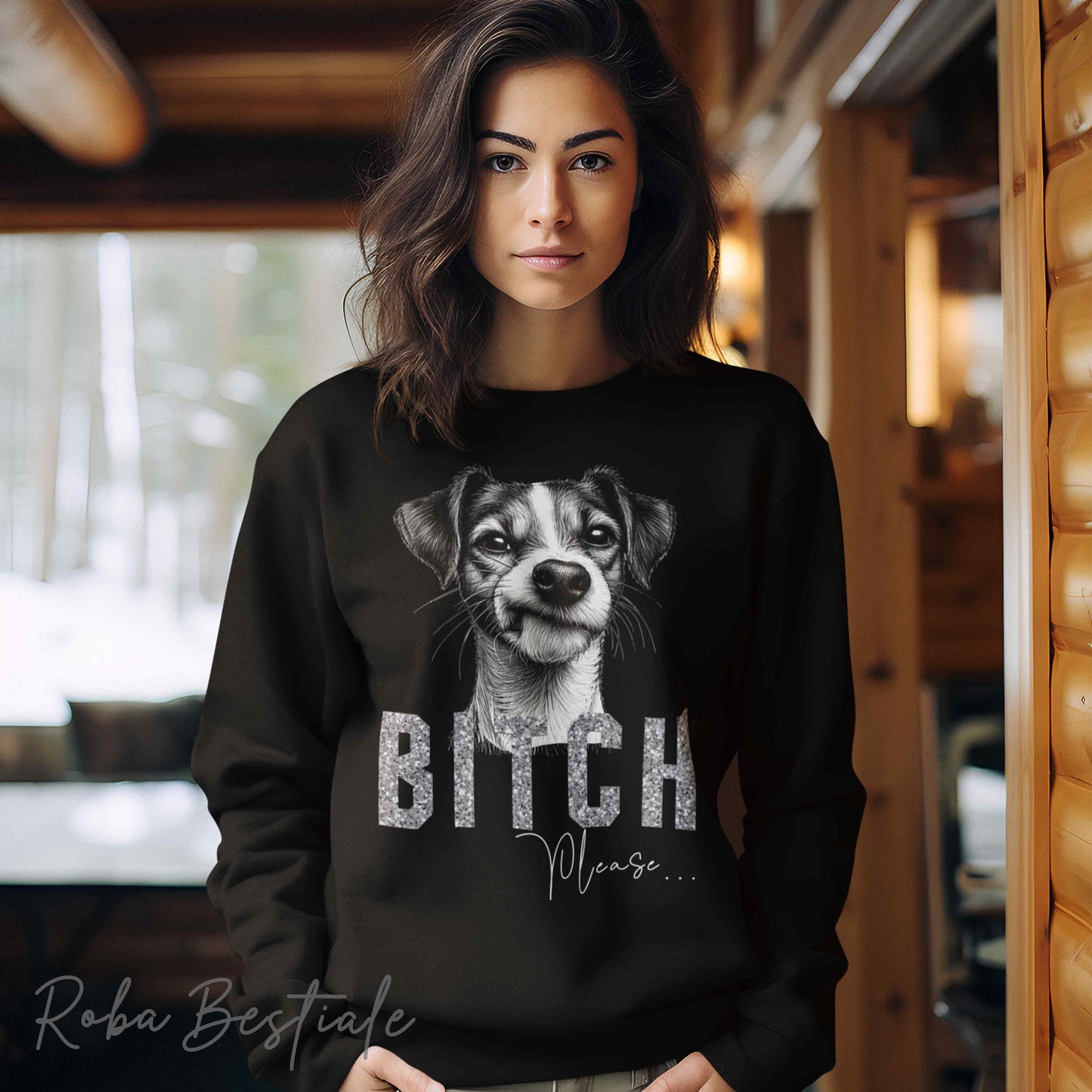 Felpa BI**H, PLEASE - JACK RUSSELL TERRIER Smooth - Dettagli GLITTER - Girocollo, Unisex - Off White, Nera o Grigia - dalla XS alla 3XL