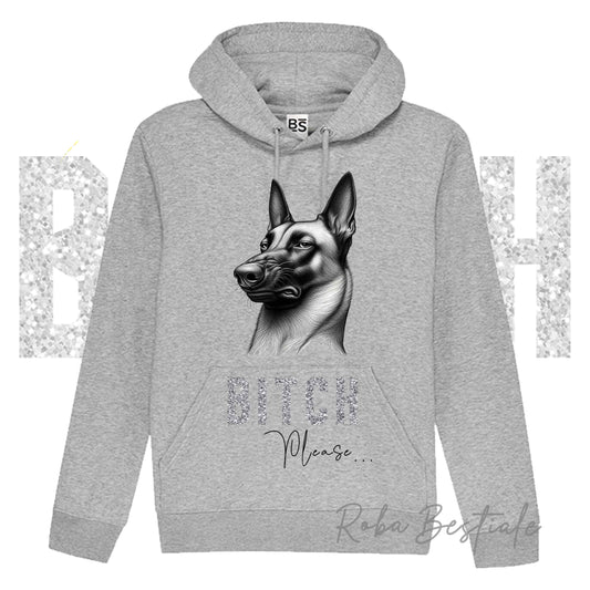 Felpa Invernale BI**H, PLEASE - PASTORE BELGA MALINOIS - dettagli GLITTER - con Cappuccio, Unisex - Nera o Grigia - dalla XS alla 3XL