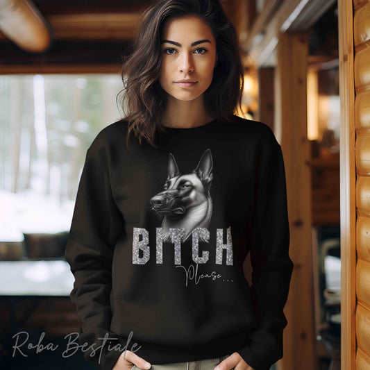 Felpa BI**H, PLEASE - PASTORE BELGA MALINOIS - Dettagli GLITTER - Girocollo, Unisex - Off White, Nera o Grigia - dalla XS alla 3XL