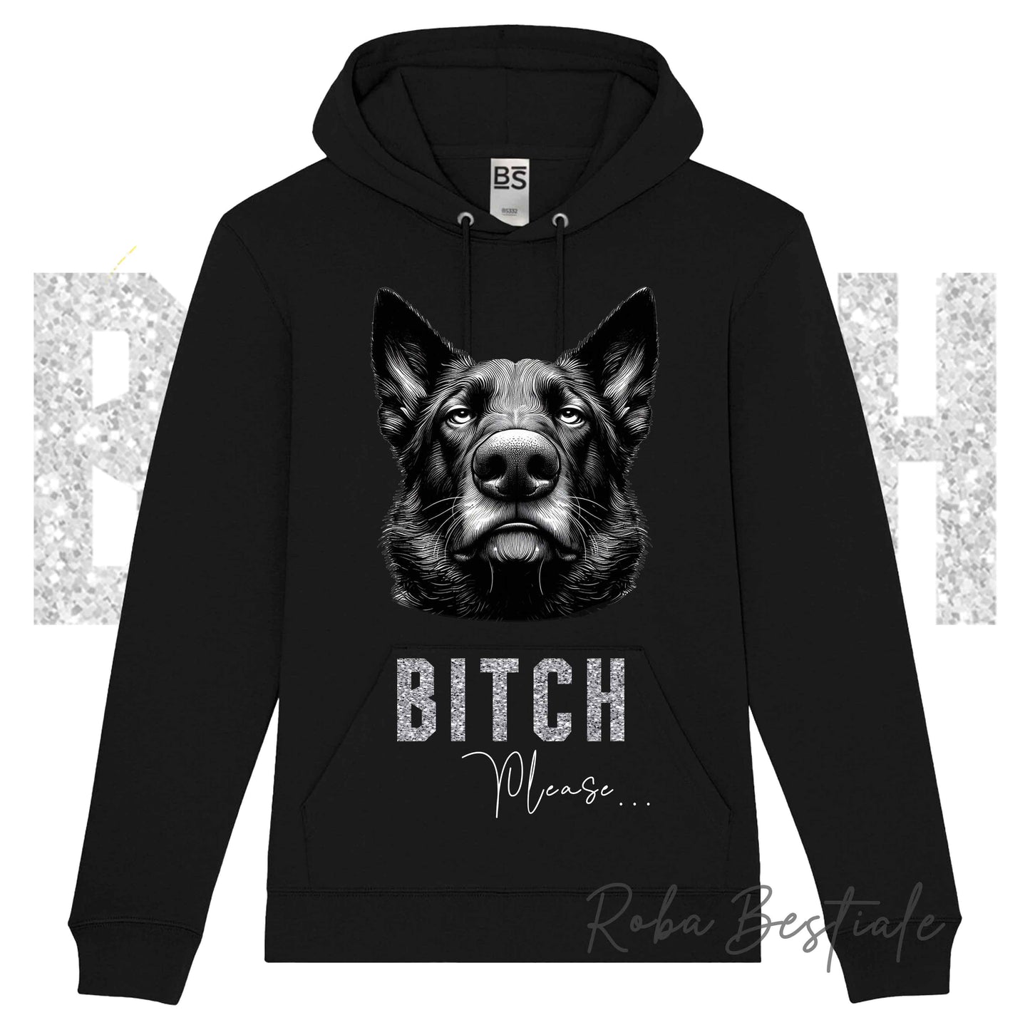 Felpa Invernale BI**H, PLEASE - PASTORE TEDESCO GRIGIONE - dettagli GLITTER - con Cappuccio, Unisex - Nera o Grigia - dalla XS alla 3XL