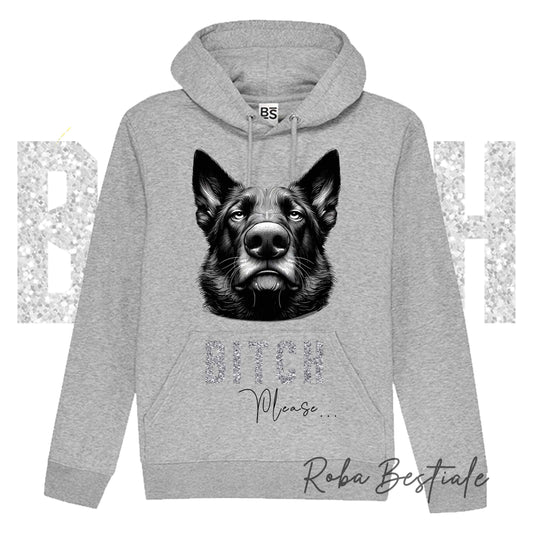 Felpa Invernale BI**H, PLEASE - PASTORE TEDESCO GRIGIONE - dettagli GLITTER - con Cappuccio, Unisex - Nera o Grigia - dalla XS alla 3XL