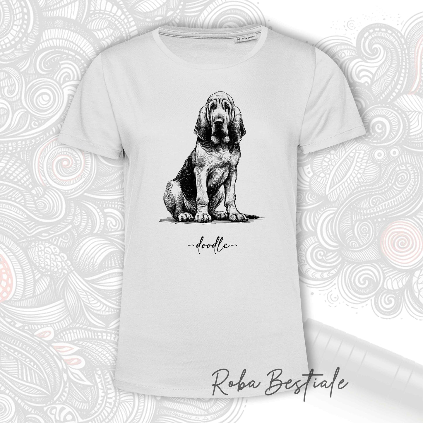 T-Shirt DOODLE - BLOODHOUND - 100% Cotone, Bianca, Uomo o Donna - dalla XS alla 5XL