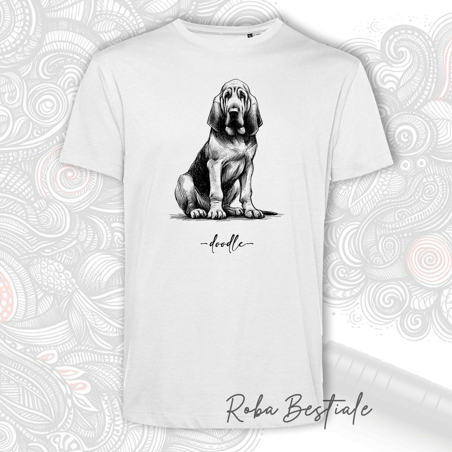 T-Shirt DOODLE - BLOODHOUND - 100% Cotone, Bianca, Uomo o Donna - dalla XS alla 5XL