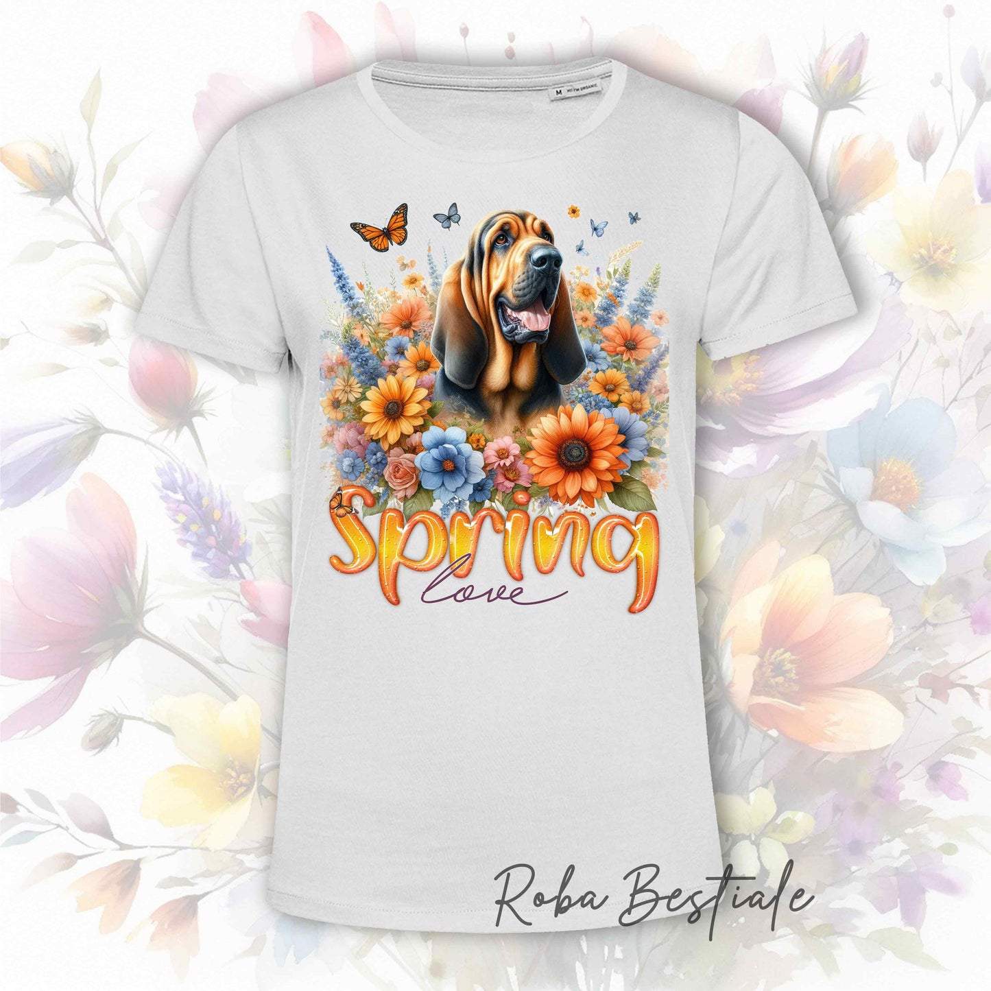 T-Shirt SPRING LOVE - BLOODHOUND Black and Tan - 100% Cotone, Bianca, Uomo o Donna - dalla XS alla 5XL