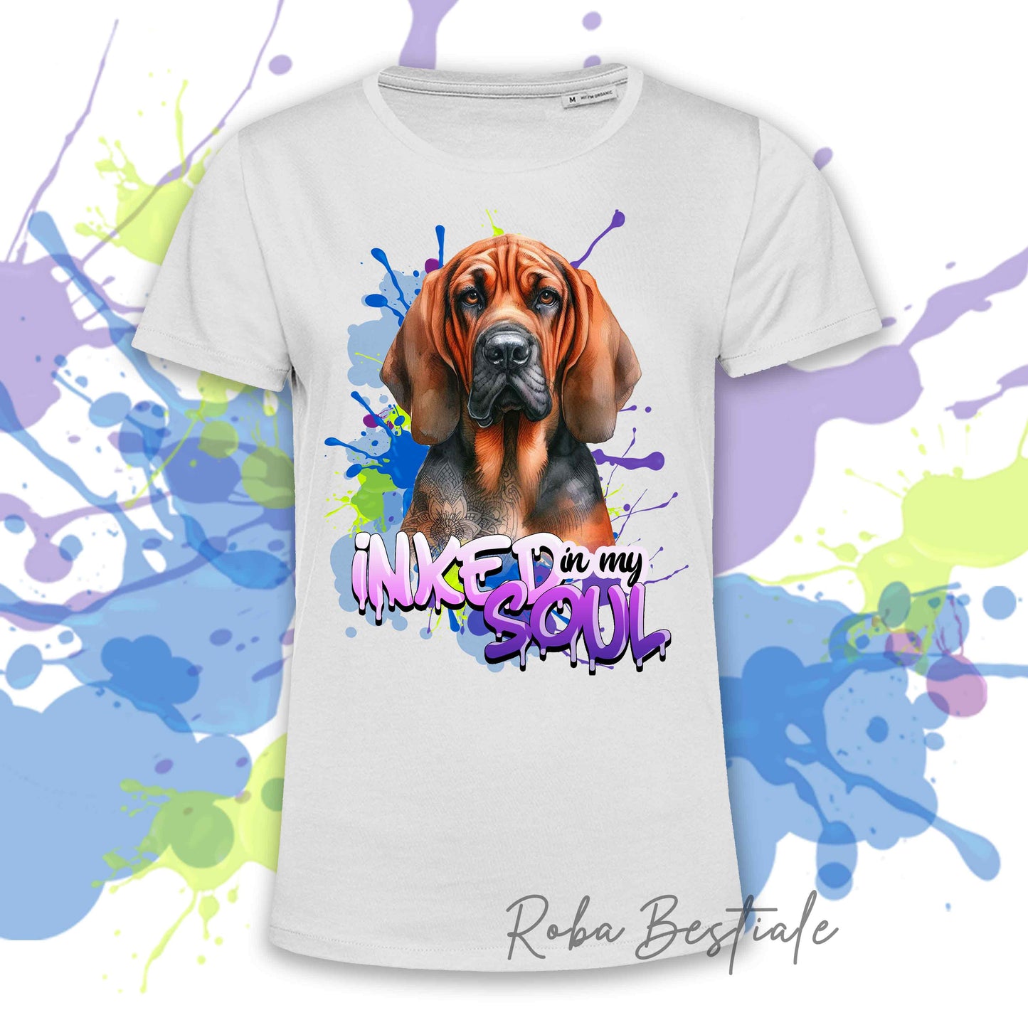 T-Shirt INKED SOUL - BLOODHOUND Black and Tan - 100% Cotone, Nera o Bianca, Uomo o Donna - dalla XS alla 5XL