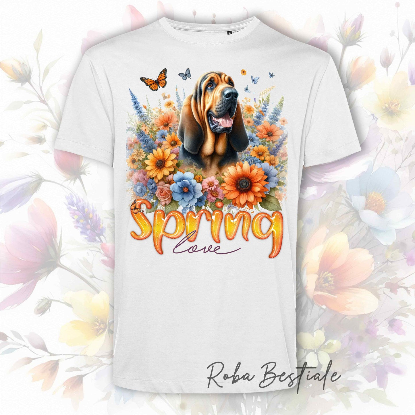 T-Shirt SPRING LOVE - BLOODHOUND Black and Tan - 100% Cotone, Bianca, Uomo o Donna - dalla XS alla 5XL