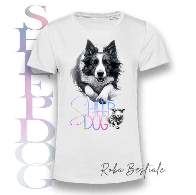 T-Shirt FLASHY SHEEPDOG - BORDER COLLIE Bianco & Nero - Scritta Olografica Cangiante!