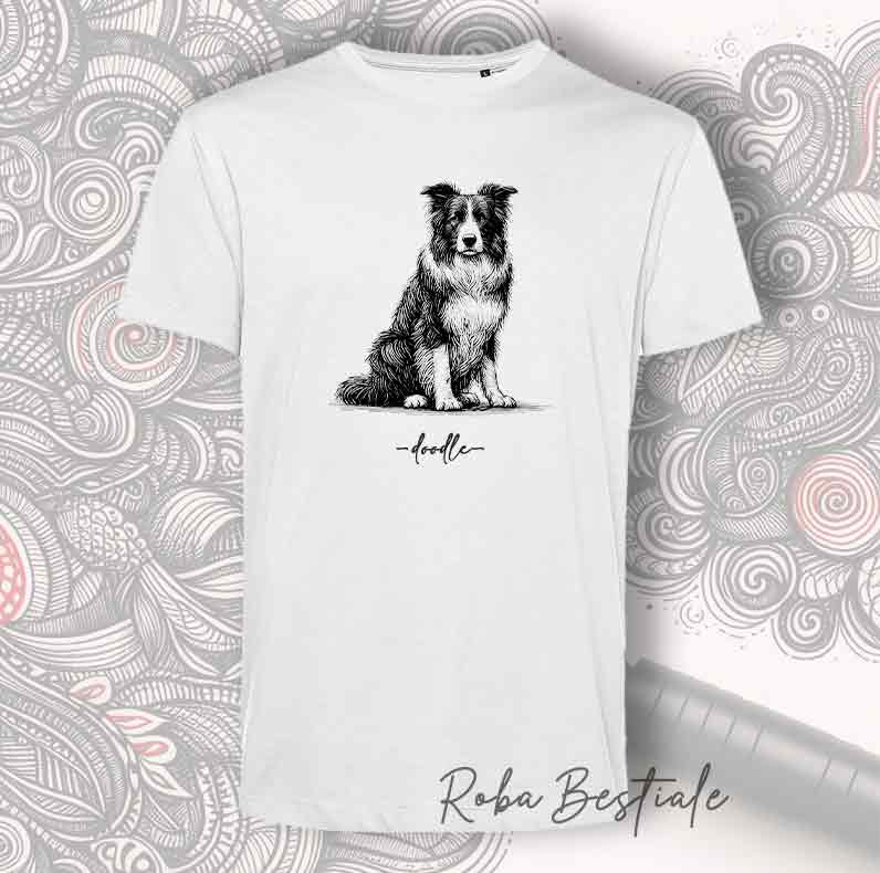 T-Shirt DOODLE - BORDER COLLIE Bianco e Nero- Bianca, Uomo o Donna - dalla XS alla 5XL