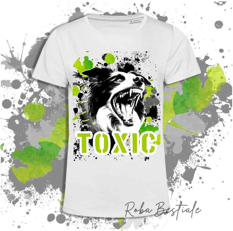 T-Shirt TOXIC - BORDER COLLIE - Bianca, Uomo o Donna - dalla XS alla 5XL