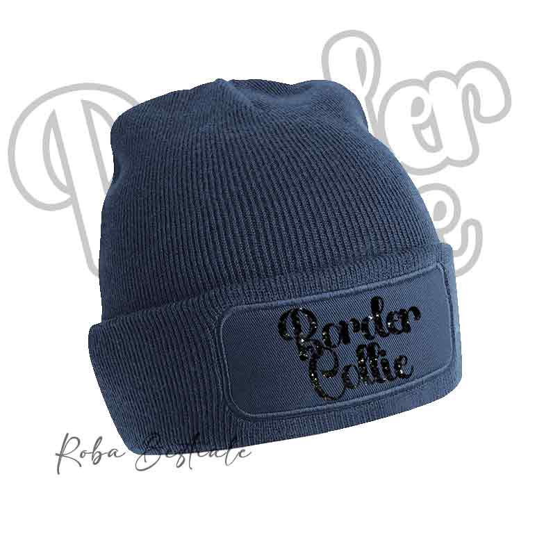 Beanie BORDER COLLIE - Winter Hat BLACK, BLUE NAVY or BABY PINK - Writing in color of your choice