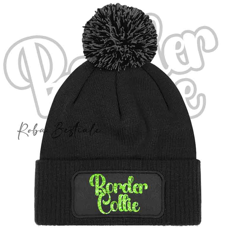 Beanie BORDER COLLIE - Cappellino Invernale con Pon Pon - NERO, BLUE NAVY o GRIGIO - Scritta in colore a scelta