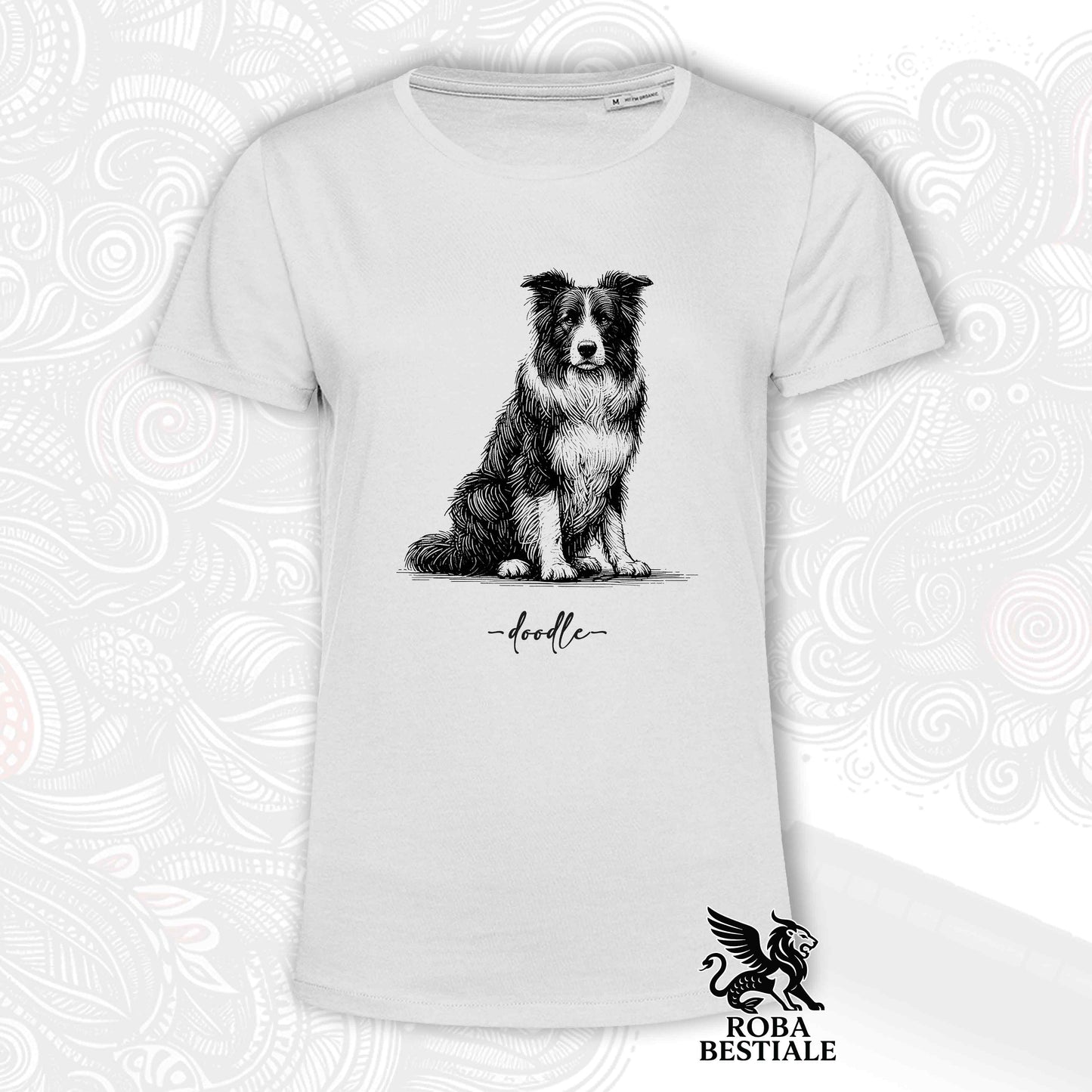 T-Shirt DOODLE - BORDER COLLIE Bianco e Nero - Bianca o Beige, da Uomo o da Donna - dalla XS alla 5XL