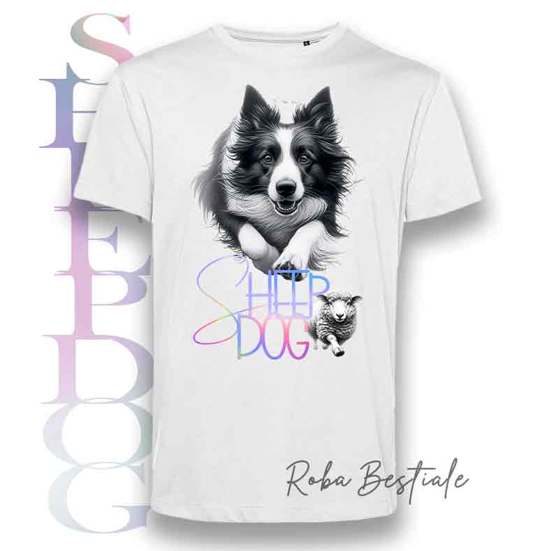 T-Shirt FLASHY SHEEPDOG - BORDER COLLIE Bianco & Nero - Scritta Olografica Cangiante!