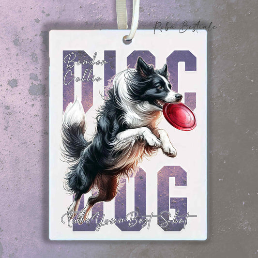 Deodorante Auto APTITUDE - DISC DOG - BORDER COLLIE Bianco e Nero - In Feltro, con cordino - 7,5 x 10 cm