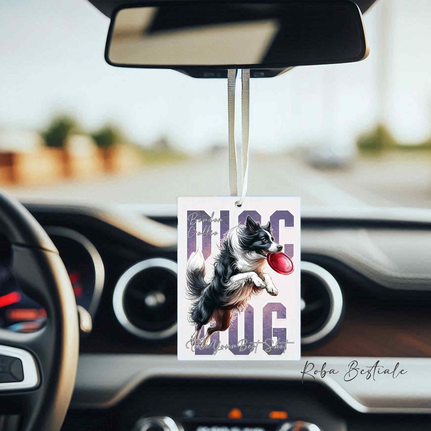 Deodorante Auto APTITUDE - DISC DOG - BORDER COLLIE Bianco e Nero - In Feltro, con cordino - 7,5 x 10 cm