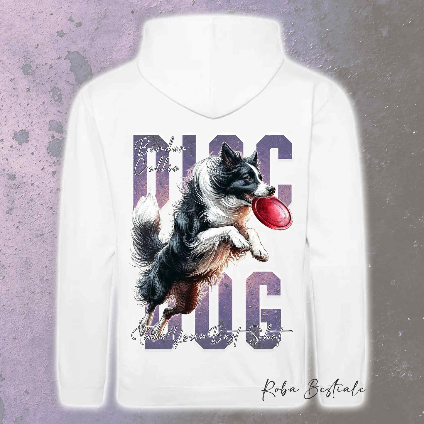 Felpa APTITUDE - DISC DOG - BORDER COLLIE Bianco e Nero - Con Cappuccio e Tasconi, Unisex, in tanti colori - dalla XS alla 5XL