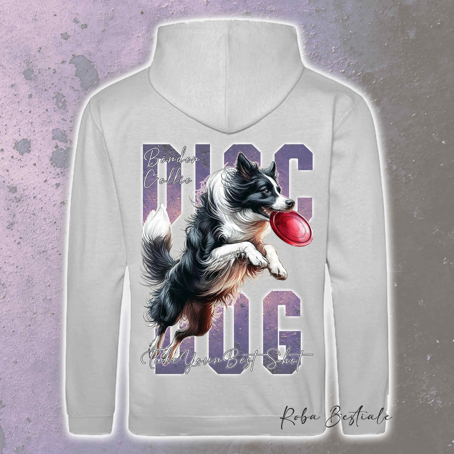 Felpa APTITUDE - DISC DOG - BORDER COLLIE Bianco e Nero - Con Cappuccio e Tasconi, Unisex, in tanti colori - dalla XS alla 5XL
