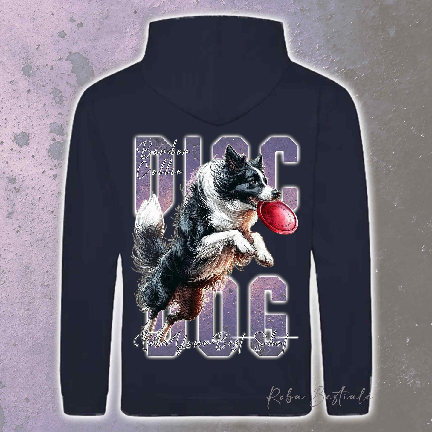 Felpa APTITUDE - DISC DOG - BORDER COLLIE Bianco e Nero - Con Cappuccio e Tasconi, Unisex, in tanti colori - dalla XS alla 5XL