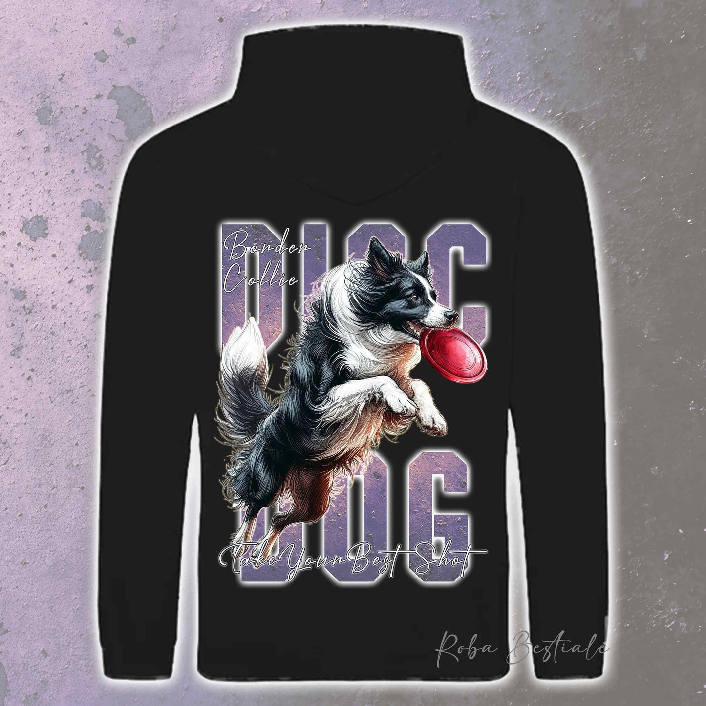 Felpa APTITUDE - DISC DOG - BORDER COLLIE Bianco e Nero - Con Cappuccio e Tasconi, Unisex, in tanti colori - dalla XS alla 5XL
