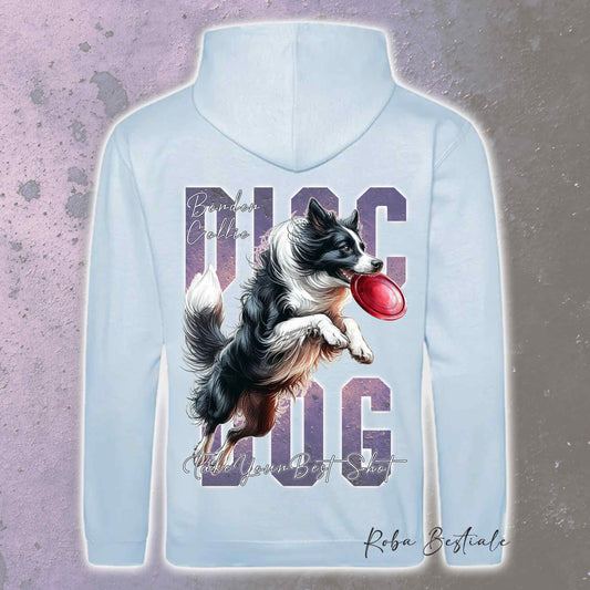 Felpa APTITUDE - DISC DOG - BORDER COLLIE Bianco e Nero - Con Cappuccio e Tasconi, Unisex, in tanti colori - dalla XS alla 5XL