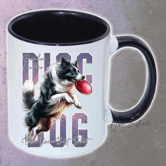 Tazza APTITUDE - DISC DOG - BORDER COLLIE Bianco e Nero - In Ceramica, con manico e interno colorato - 330 ml