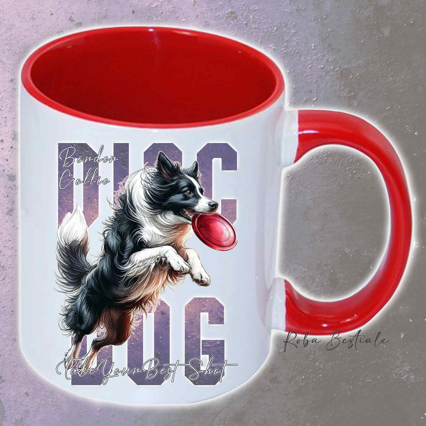 Tazza APTITUDE - DISC DOG - BORDER COLLIE Bianco e Nero - In Ceramica, con manico e interno colorato - 330 ml