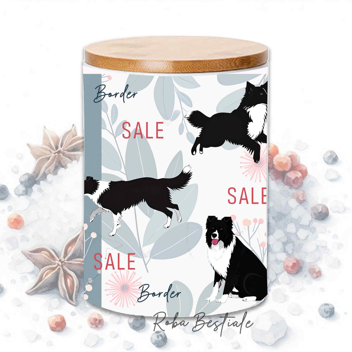 Barattolo SALE - BORDER COLLIE Bianco e Nero - In Ceramica, Tappo in legno con guarnizione