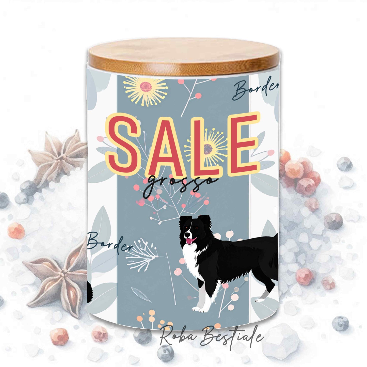 Barattolo SALE - BORDER COLLIE Bianco e Nero - In Ceramica, Tappo in legno con guarnizione