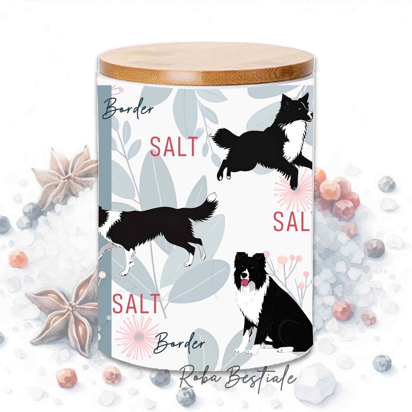 Barattolo SALE - BORDER COLLIE Bianco e Nero - In Ceramica, Tappo in legno con guarnizione