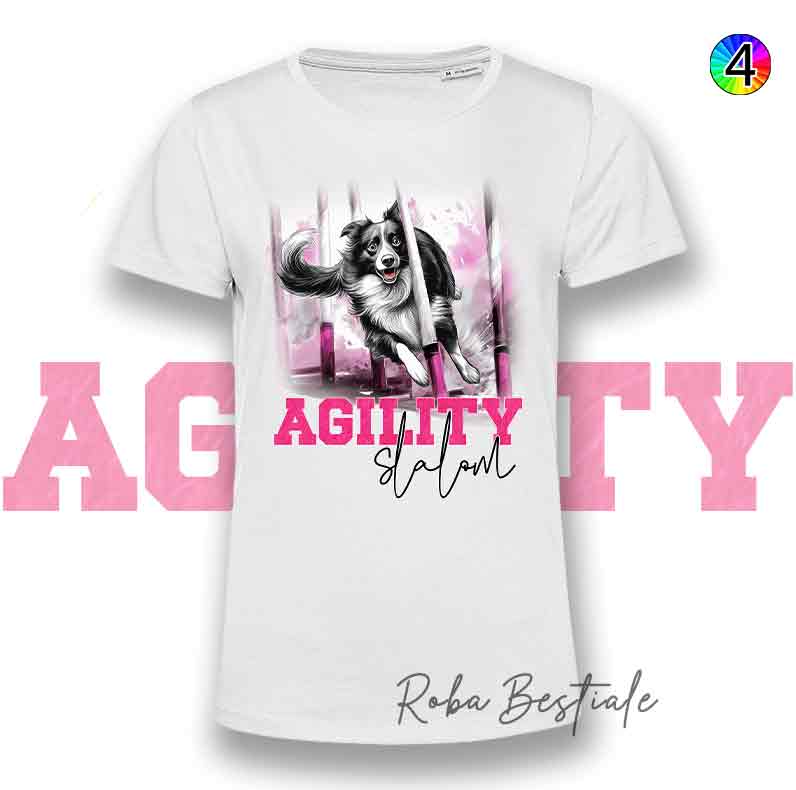 T-Shirt AGILITY SLALOM - BORDER COLLIE Bianco & Nero - Scritta in 4 colori a scelta - dalla XS alla 5XL