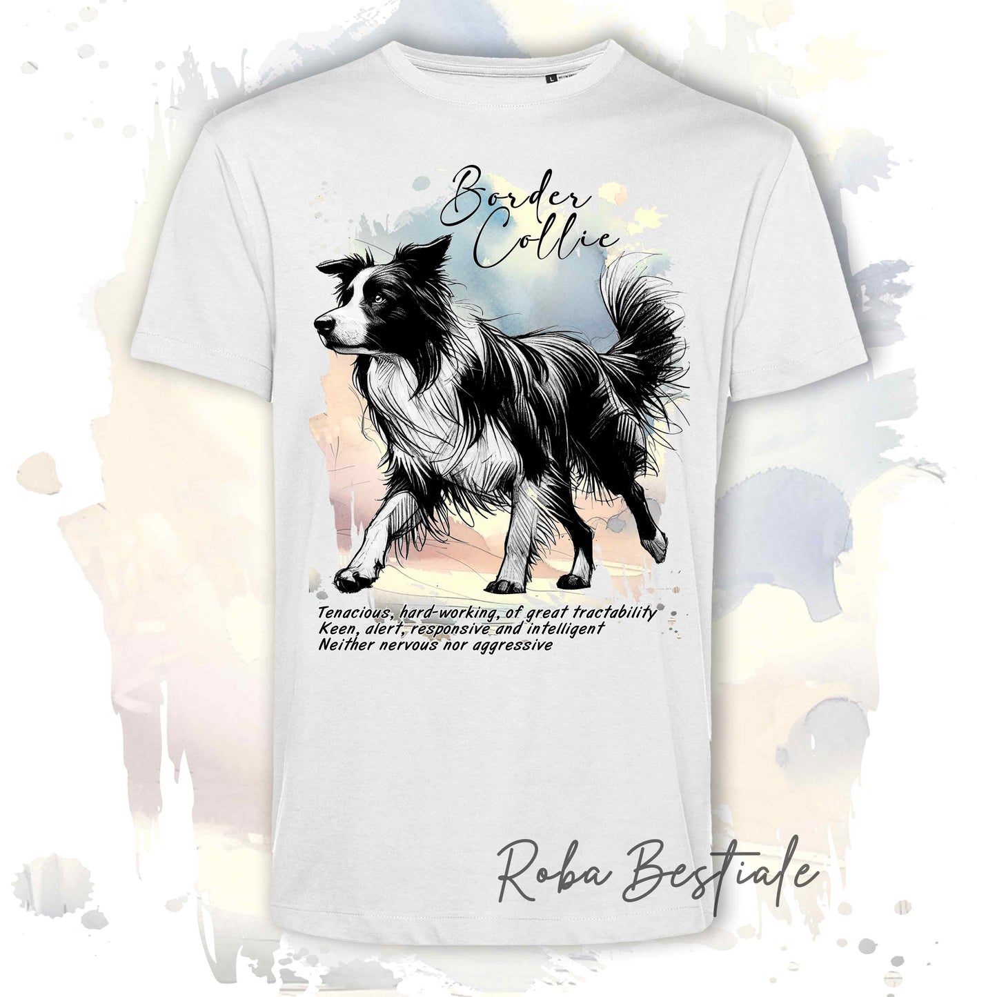 T-Shirt BEHAVIOR - BORDER COLLIE Bianco e Nero - Standard FCI - 100% Cotone, Bianca, Uomo o Donna - dalla XS alla 5XL