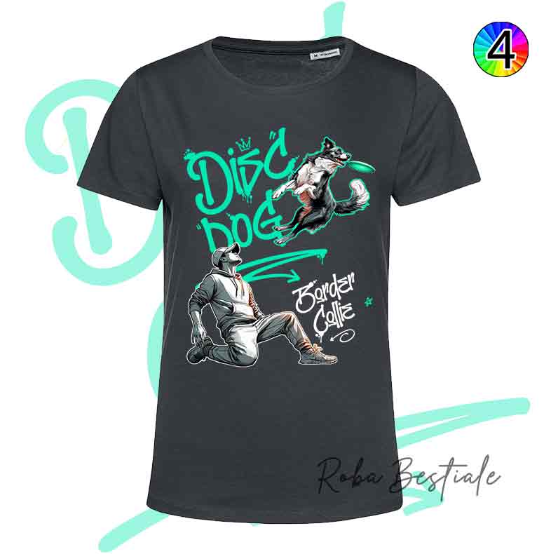 T-Shirt NERA Disc Dog GRAFFITI - BORDER COLLIE Bianco & Nero - Design "BOY" - Dettagli in 4 colori!