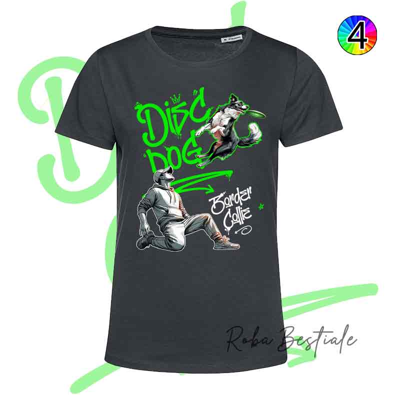 T-Shirt NERA Disc Dog GRAFFITI - BORDER COLLIE Bianco & Nero - Design "BOY" - Dettagli in 4 colori!