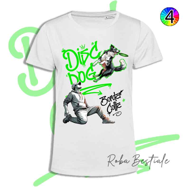 T-Shirt Disc Dog GRAFFITI - BORDER COLLIE Bianco & Nero - Design "BOY" - Dettagli in 4 colori!
