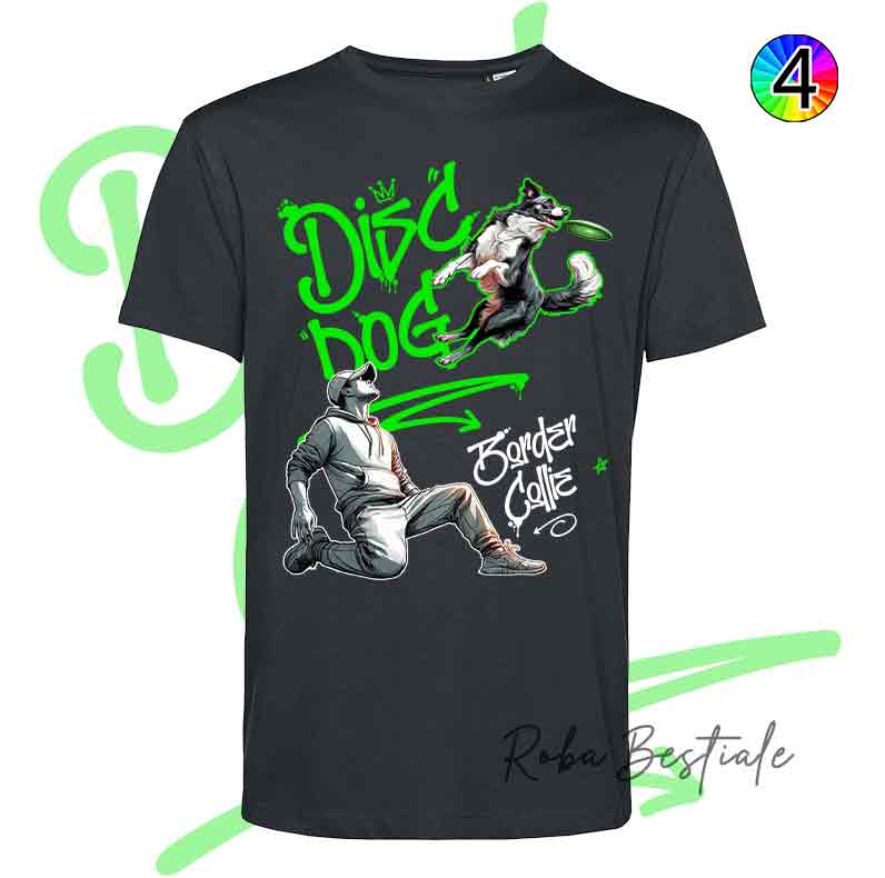 T-Shirt NERA Disc Dog GRAFFITI - BORDER COLLIE Bianco & Nero - Design "BOY" - Dettagli in 4 colori!