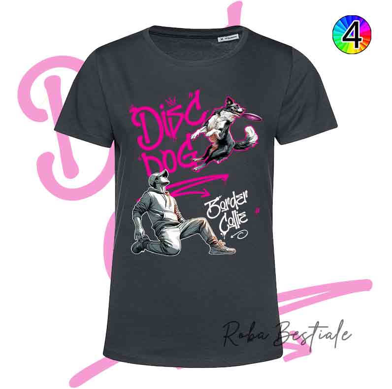 T-Shirt NERA Disc Dog GRAFFITI - BORDER COLLIE Bianco & Nero - Design "BOY" - Dettagli in 4 colori!