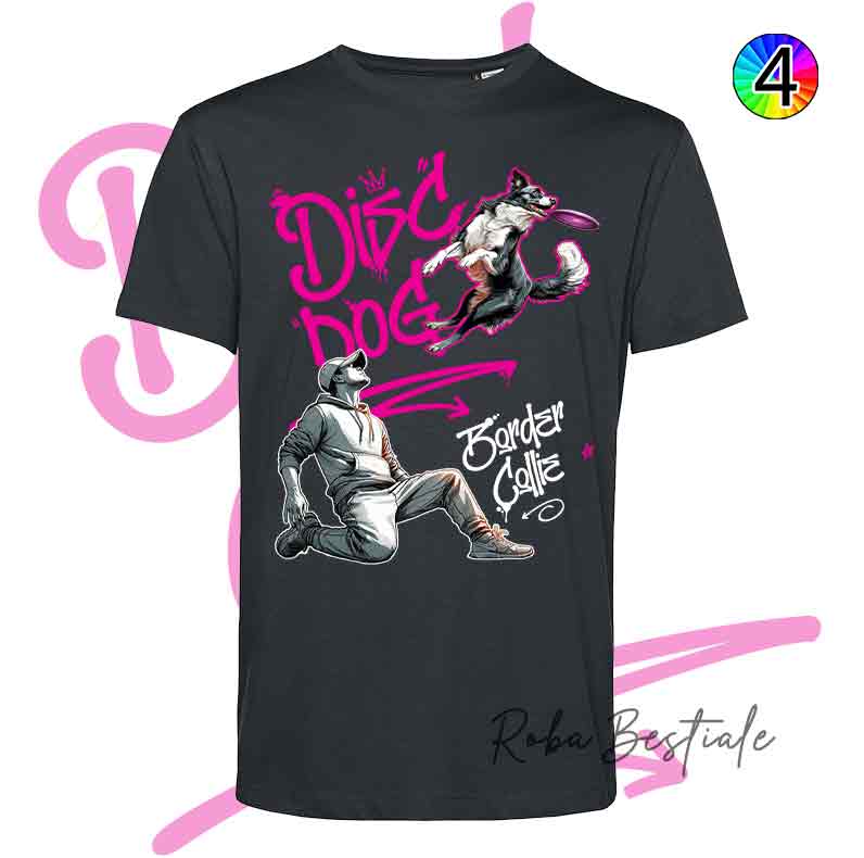 T-Shirt NERA Disc Dog GRAFFITI - BORDER COLLIE Bianco & Nero - Design "BOY" - Dettagli in 4 colori!