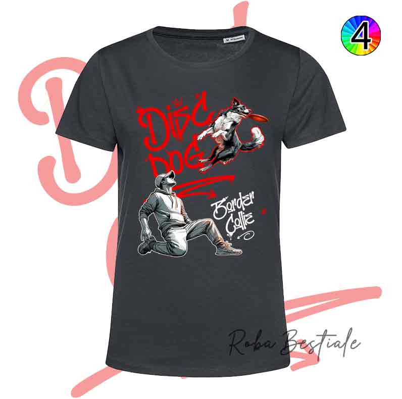 T-Shirt NERA Disc Dog GRAFFITI - BORDER COLLIE Bianco & Nero - Design "BOY" - Dettagli in 4 colori!