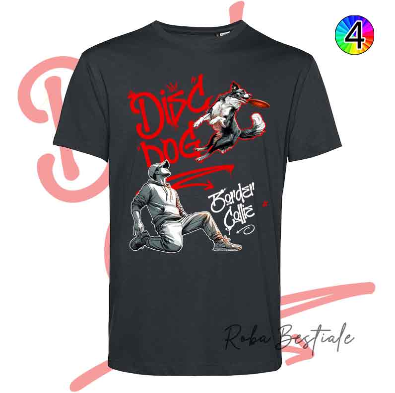 T-Shirt NERA Disc Dog GRAFFITI - BORDER COLLIE Bianco & Nero - Design "BOY" - Dettagli in 4 colori!