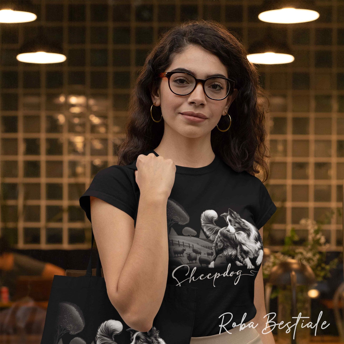 T-shirt BLACK & WHITE "Sheepdog" - BORDER COLLIE Bianco e Nero - NERA - Uomo o Donna, 100% Cotone