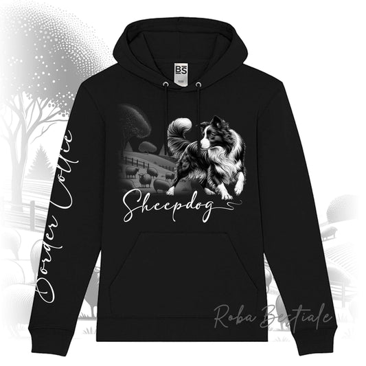 Felpa Invernale BLACK & WHITE "SHEEPDOG" - BORDER COLLIE - con Cappuccio, Unisex - Nera - dalla XS alla 3XL