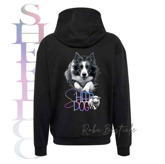 Felpa FLASHY SHEEPDOG - BORDER COLLIE Bianco & Nero - Unisex - Nera o Grigia - dalla XS alla 3XL - Scritta Olografica Cangiante!