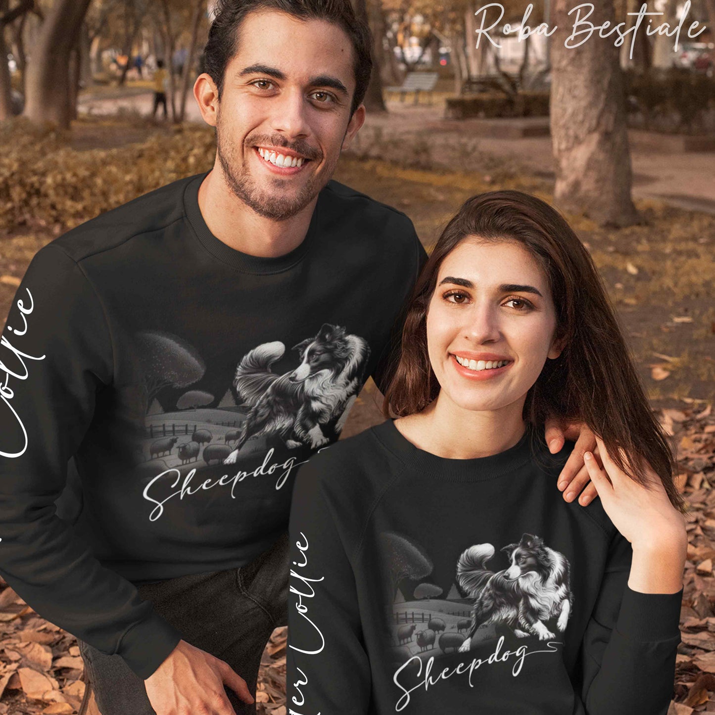 Felpa Estiva BLACK & WHITE "SHEEPDOG" - BORDER COLLIE - Girocollo, Unisex - Nera - dalla S alla 2XL