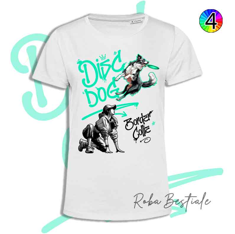 T-Shirt Disc Dog GRAFFITI - BORDER COLLIE Bianco & Nero - Design "GIRL" - Dettagli in 4 colori!