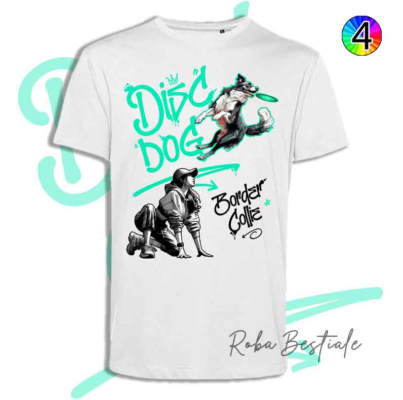 T-Shirt Disc Dog GRAFFITI - BORDER COLLIE Bianco & Nero - Design "GIRL" - Dettagli in 4 colori!