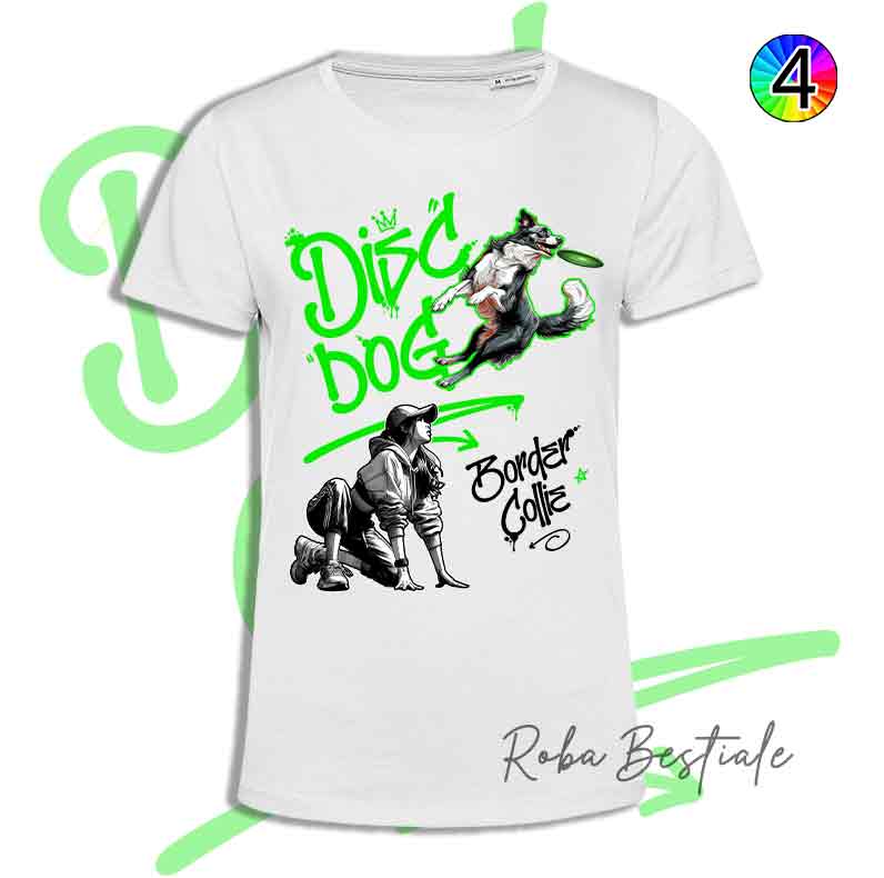 T-Shirt Disc Dog GRAFFITI - BORDER COLLIE Bianco & Nero - Design "GIRL" - Dettagli in 4 colori!