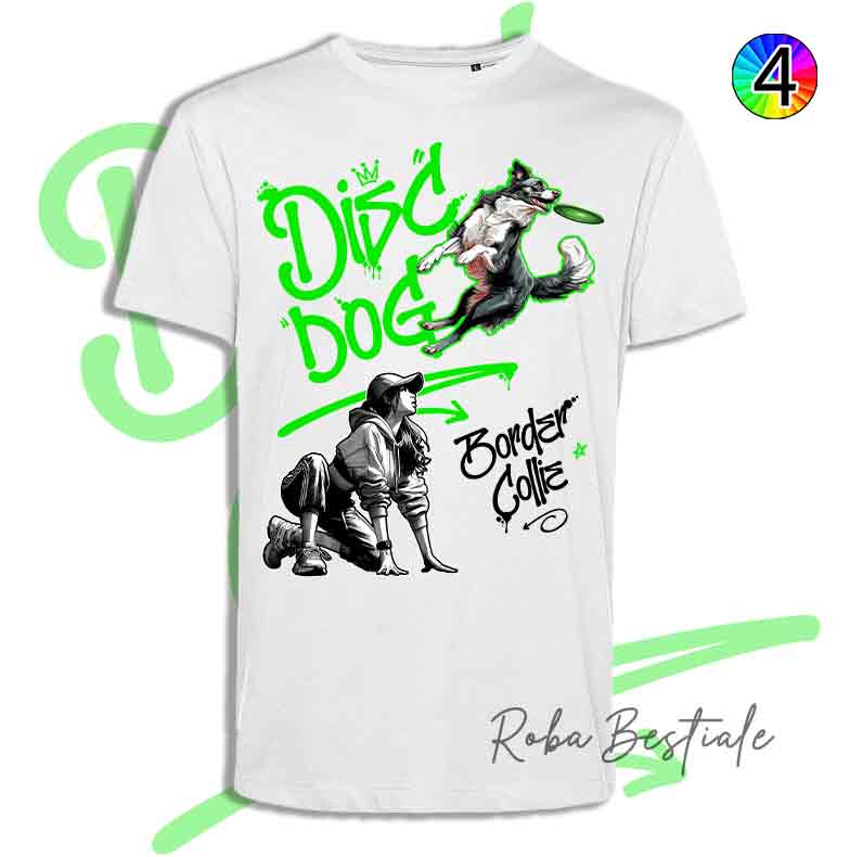 T-Shirt Disc Dog GRAFFITI - BORDER COLLIE Bianco & Nero - Design "GIRL" - Dettagli in 4 colori!