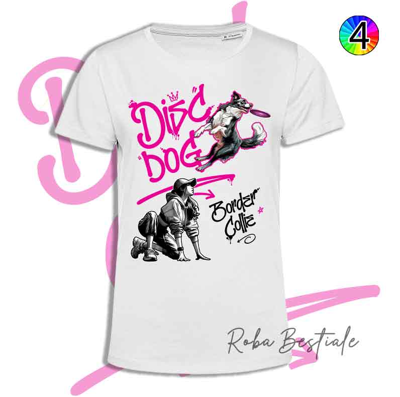 T-Shirt Disc Dog GRAFFITI - BORDER COLLIE Bianco & Nero - Design "GIRL" - Dettagli in 4 colori!