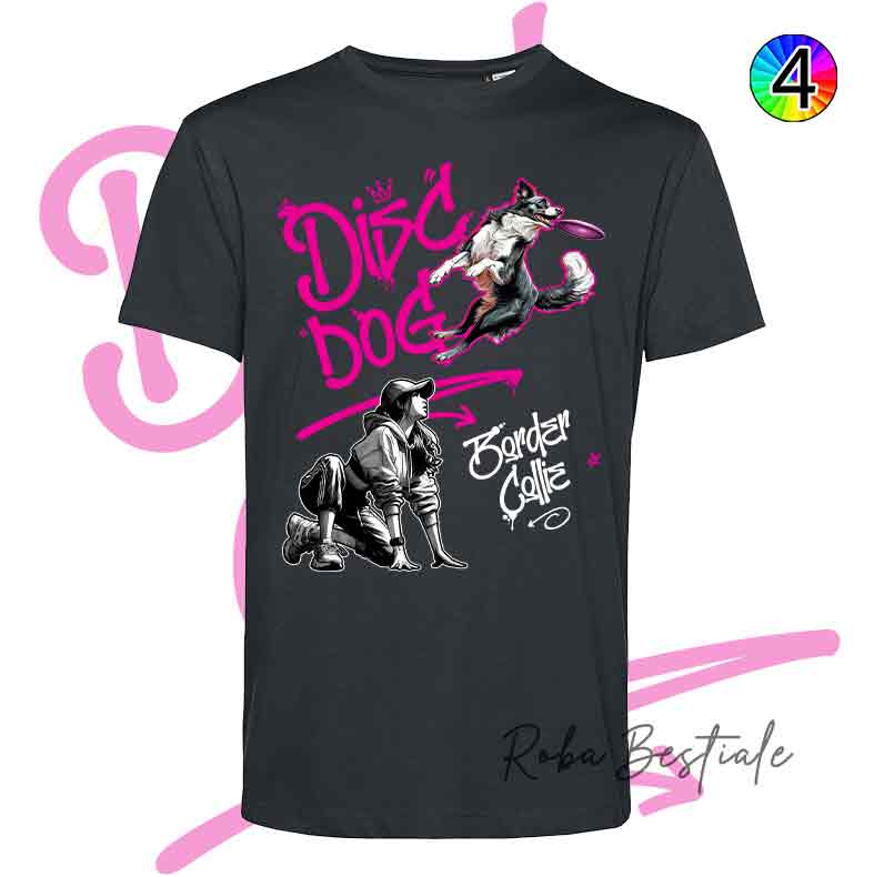 T-Shirt NERA Disc Dog GRAFFITI - BORDER COLLIE Bianco & Nero - Design "GIRL" - Dettagli in 4 colori!