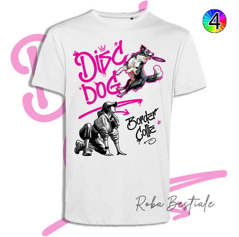 T-Shirt Disc Dog GRAFFITI - BORDER COLLIE Bianco & Nero - Design "GIRL" - Dettagli in 4 colori!
